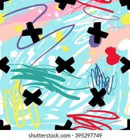 Modern kids seamless pattern with x. Hand drawn graphic with cute minimalistic scandinavian cartoon elements on color artistic watercolor background