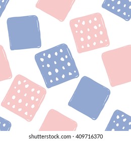 Modern kids soft colored seamless pattern with dotted square and square. Hand drawn graphic with tender cute minimalistic scandinavian cartoon elements isolated on white background