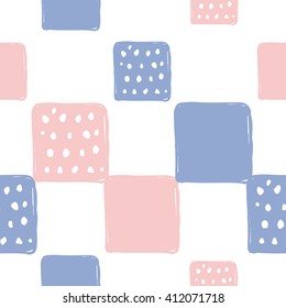 Modern kids soft colored seamless pattern with dotted square and square. Hand drawn graphic with tender cute minimalistic scandinavian cartoon elements isolated on white background