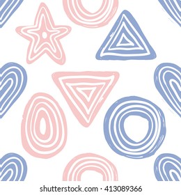Modern kids soft colored seamless pattern with line egg, line star, pyramid, line circle, line heart. Handdrawn graphic with tender cute minimalistic scandinavian elements isolated on white background