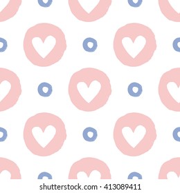Modern kids soft colored seamless pattern with dot and circle heart. Hand drawn graphic with tender cute minimalistic scandinavian cartoon elements isolated on white background