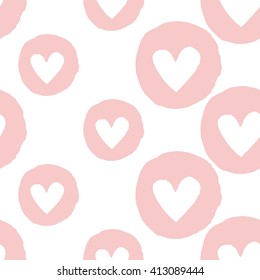 Modern kids soft colored seamless pattern with circle heart. Hand drawn graphic with tender cute minimalistic scandinavian cartoon elements isolated on white background
