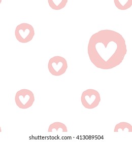 Modern kids soft colored seamless pattern with circle heart. Hand drawn graphic with tender cute minimalistic scandinavian cartoon elements isolated on white background