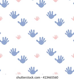 Modern kids soft colored seamless pattern with hand print and handprint. Hand drawn graphic with tender cute minimalistic scandinavian cartoon elements isolated on white background