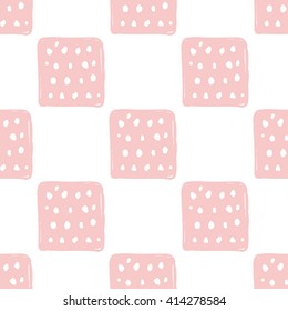 Modern kids soft colored seamless pattern with dotted square. Hand drawn graphic with tender cute minimalistic scandinavian cartoon elements isolated on white background
