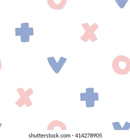 Modern kids soft colored seamless pattern with dot, x, cross, v. Hand drawn graphic with tender cute minimalistic scandinavian cartoon elements isolated on white background