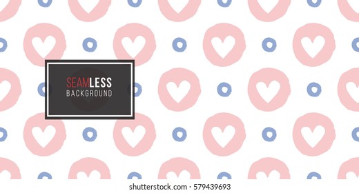Modern kids soft colored seamless pattern with dot and circle heart. Hand drawn graphic with tender cute minimalistic scandinavian cartoon elements isolated on white background