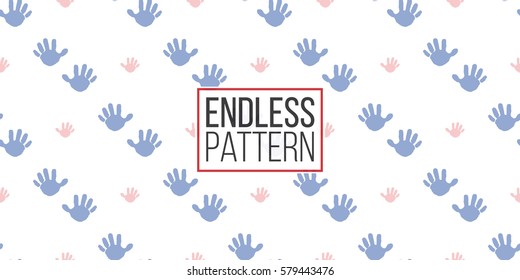 Modern kids soft colored seamless pattern with hand print and handprint. Hand drawn graphic with tender cute minimalistic scandinavian cartoon elements isolated on white background