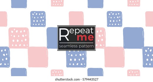 Modern kids soft colored seamless pattern with dotted square and square. Hand drawn graphic with tender cute minimalistic scandinavian cartoon elements isolated on white background