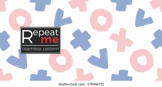 Modern kids soft colored seamless pattern with dot, x, cross, v. Hand drawn graphic with tender cute minimalistic scandinavian cartoon elements isolated on white background