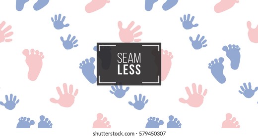 Modern Kids Soft Colored Seamless Pattern With Hand Print, Handprint, Foot Print, Footprint. Hand Drawn Graphic With Tender Cute Minimalistic Scandinavian Cartoon Elements Isolated On White Background