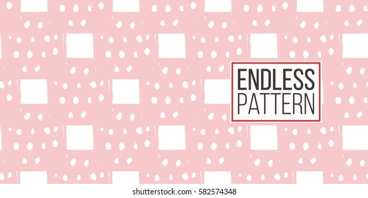 Modern kids soft colored seamless pattern with dotted square. Hand drawn graphic with tender cute minimalistic scandinavian cartoon elements isolated on white background