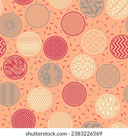 Modern kimono swatch geometric endless ornament. Circular shapes with fantasy abstractions inside. Asian motives in circles. Mottled texture background. Candy wrapper design.