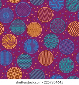 Modernes Kimono Swatch Vektor nahtlose Ornament. Runde Formen mit Fantasieabstraktionen im Inneren. Chinesische Beweggründe in Kreisen. strukturierter Hintergrund. Teebeutel-Design.