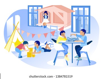 Modern Kindergarten for Uneven-Aged Diverse Children Promotion Banner Older Boys Playing Chess Smaller with Building Blocks Little Girl Sitting in Toy House Vector Happy Childhood Illustration