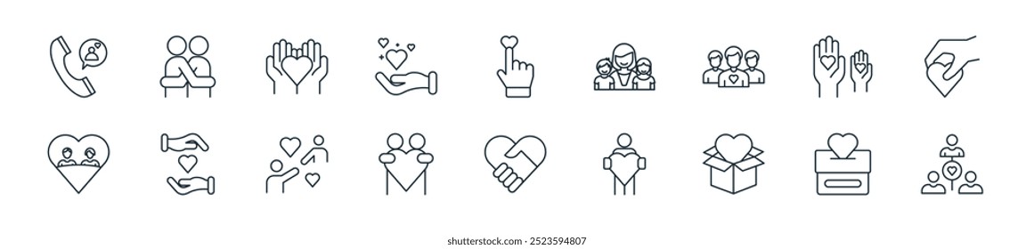 modern kindness icon pack. perfect for linear ui designs featuring vector people, box, gift, people, together, support, lend a hand and more icons for mobile and web apps.