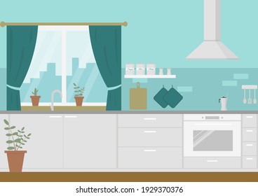 Modern kitchen in the apartment in the city. Concept illustration. Flat illustration. Perfect for internet or printing.