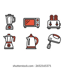 Modernos utensílios de cozinha misturador micro-ondas torradeira Moka pote chaleira mão misturador ícone conjunto