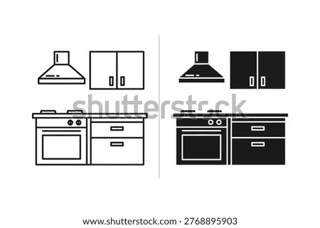 Modern Kitchen Appliances and Cabinets Icon Set - Home Interior Design Vector
