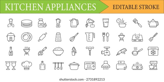 Conjunto de ícones de linha de utensílios de cozinha modernos e ferramentas de cozinha
