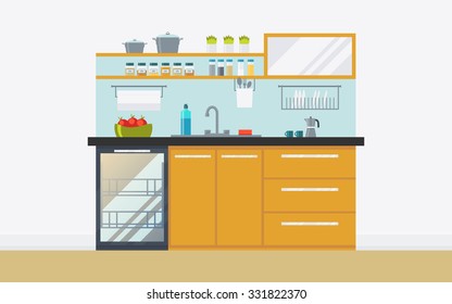 Modern kitchen with appliances, dishwasher, sink, kitchenware. Creative concept interior with ergonomic furniture. Flat icon design, minimalist style. Vector illustration - 10 EPS - for your project