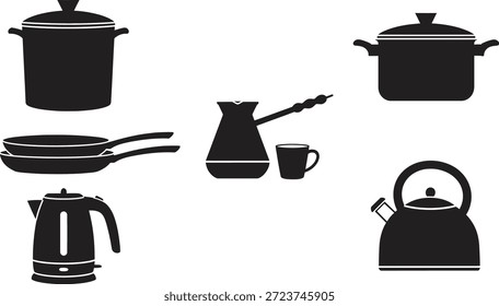 Modern kitchen appliances and essential cooking utensils depicted as black silhouette icons on a white background illustration