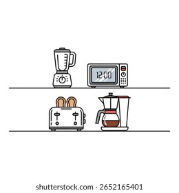 Moderna cozinha Aparelhos Minimalista Linha Arte Ilustração do liquidificador Micro-ondas Torradeira e cafeteira
