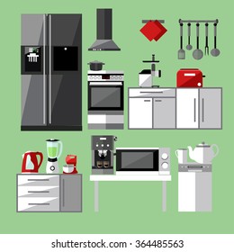 Modern kitchen appliances set. Vector illustration in flat style design. Design elements and icons: utensils, tools, microwave, pot, fridge, oven. Room furniture.