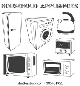 Modern kitchen appliances set. Vector illustration in retro style design. Design elements and icons: microwave, pot, fridge, tv, washing machine. 