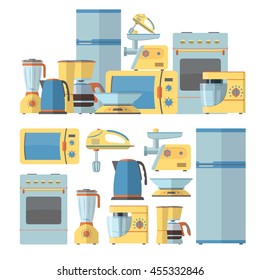 Modern kitchen appliances set. Vector illustration in flat style design. Design elements and icons: microwave, pot, fridge, oven. 