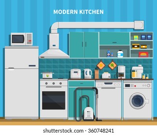 Modern Kitchen Background With Home Appliances Flat Vector Illustration 