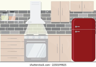 modern kitchen with brick wall and red fridge
