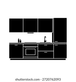 Armário de cozinha moderno conjunto com fogão forno e pia móveis silhueta vetor ilustração para projetos de design de interiores