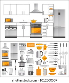 Modern kitchen collection of electric appliances and convenient kitchenware with stylish room design sample isolated realistic vector illustrations.