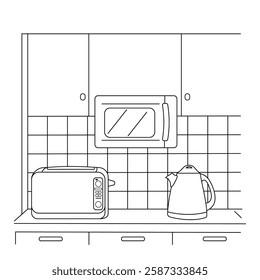Modern Kitchen Counter with Appliances, home interior design outline drawing