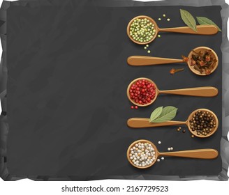 modern kitchen cutting board with a composition of wooden spoons with spices. A black cutting board with a highlighted stone texture on a white background with multicolored peppers and bay leaf.