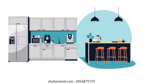 Modern kitchen design featuring sleek cabinetry island countertops and coffee station appliances