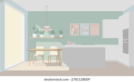 Modern kitchen dining area with wooden table and hanging pendant light