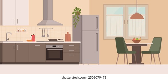 Modern kitchen and dining room interior with appliances and utensils