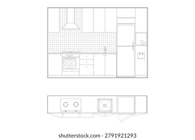 Modern Kitchen Elevation and Top View Plan Vector Line Art Transfarent Background. 16