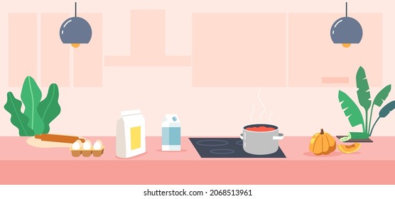 Modern Kitchen Empty Interior with Appliances and Furniture. Table, Oven, Range Hood and Utensil. Desk with Cooking Pan on Stove and Products Eggs, Milk, Flour and Pumpkin. Cartoon Vector Illustration