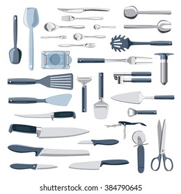 Modern kitchen equipment and cutlery vector collection isolated on white