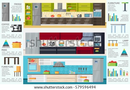 Modern Kitchen equipment template with furniture utensils and appliances for different variants of interior design vector illustration