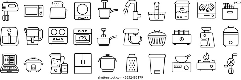 Conjunto De Ícones Moderno Da Cozinha. Ícones de liquidificador, cafeteira, micro-ondas e muito mais — Estilo de contorno editável