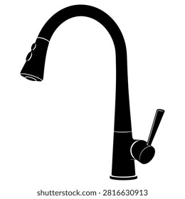 Modern kitchen faucet silhouette isolated on white background featuring sleek curved design with a single lever and pull down sprayer