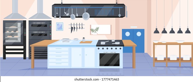 Modern kitchen flat color vector illustration. Restaurant chef workplace 2D cartoon interior design with kitchenware on background. Professional cook workspace, empty culinary workshop decor