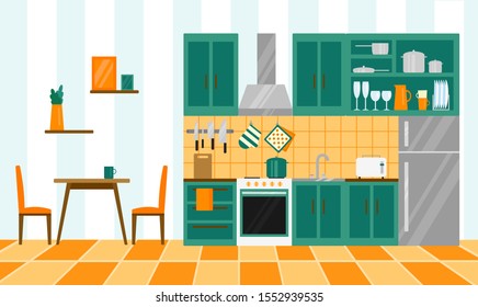 modern kitchen in flat style. interior with furniture and equipment. vector illustration