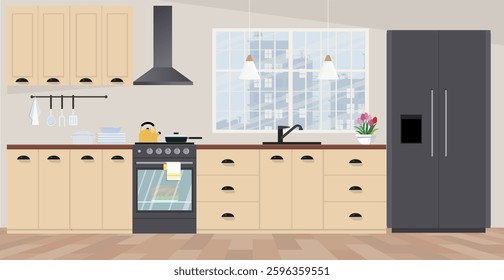 Modern kitchen in flat style. Kitchen interior with furniture. 