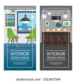 Modern kitchen furniture 2 vertical banners set with day and night interior design view isolated vector illustration 