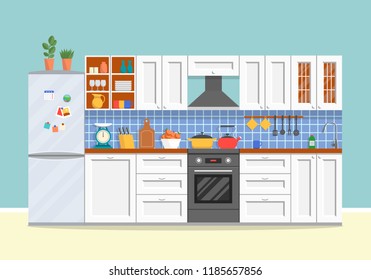 Modern kitchen with furniture. Cozy kitchen interior with stove, cupboard, dishes and fridge. Flat style vector illustration.